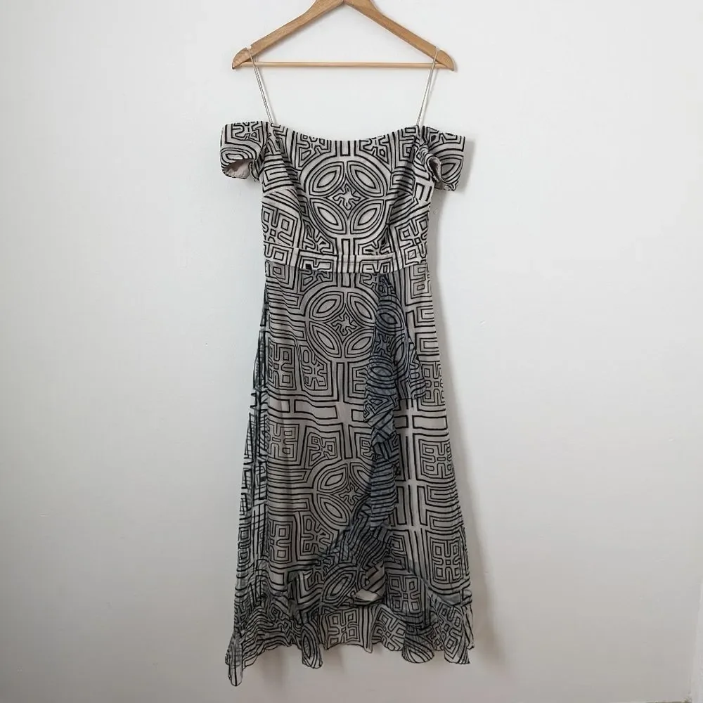 Nicole Miller Collection ivory black geo embroidered off shoulder midi dress